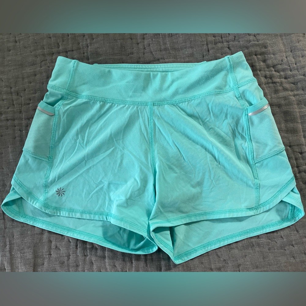 Athleta Girl Turquoise Athletic Running Shorts Built-In Liner Zip Pockets L/12